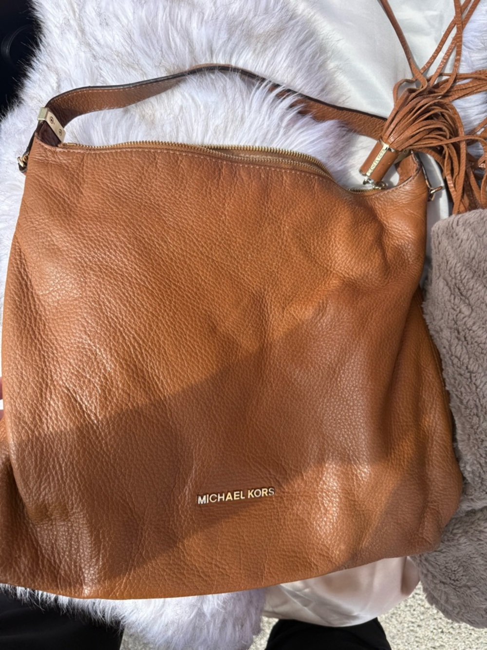 Michael Kors Brown Pebbled Leather Shoulder Bag with Tassel